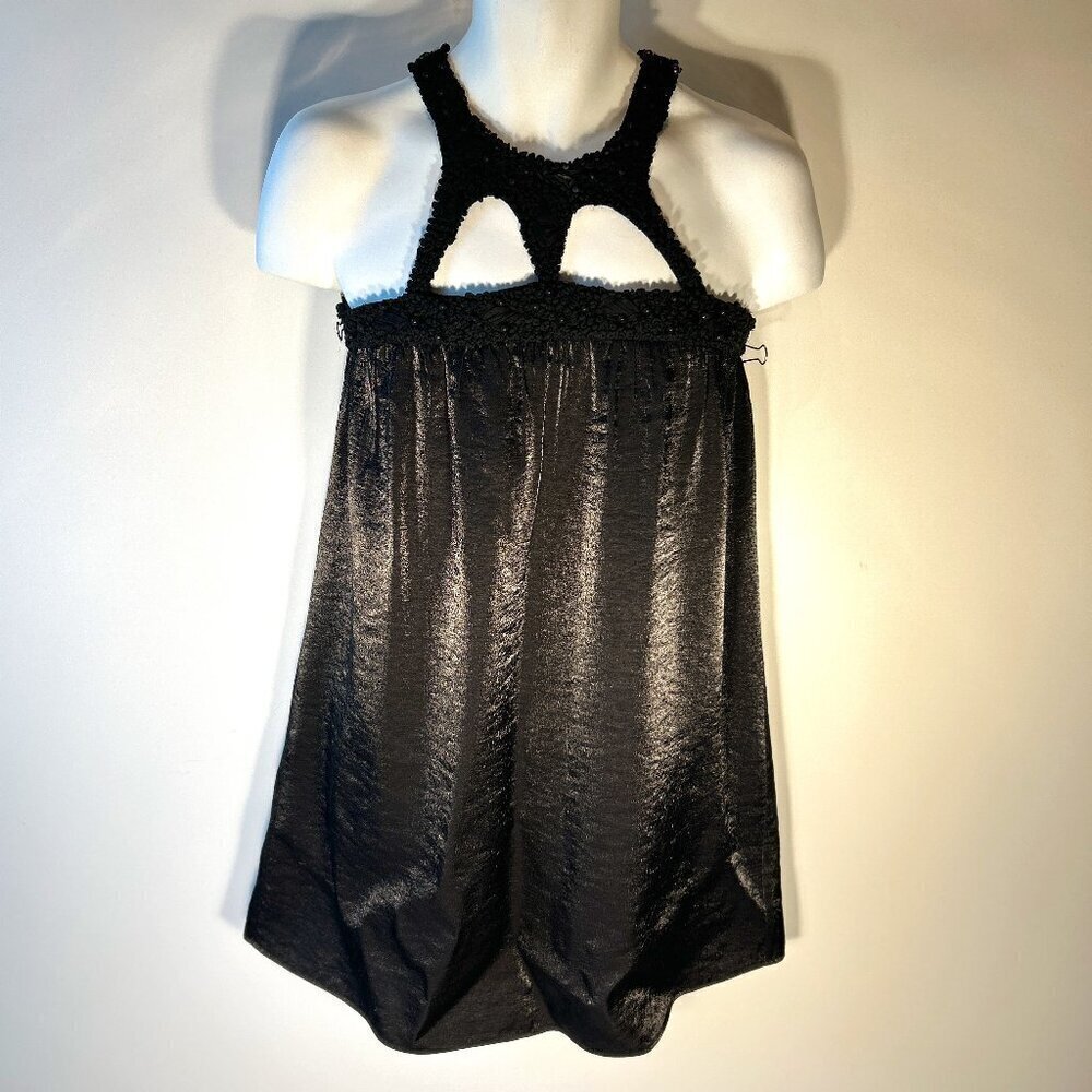MM Couture SZL Black satin cocktail dress Crochet Prom Sexy Timeless Halter Y2K